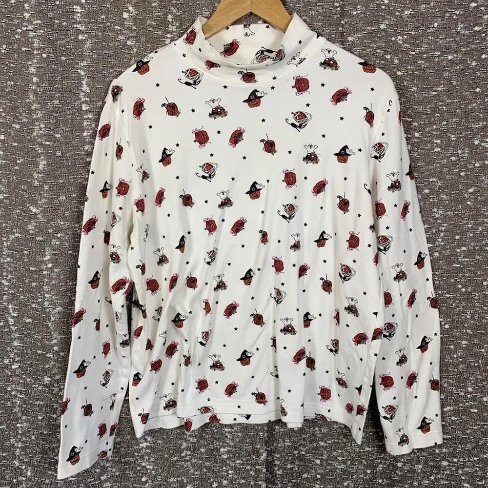 Karen Scott Halloween Mock Neck Long Sleeve Shirt Pumpkin Ghost Women's XL